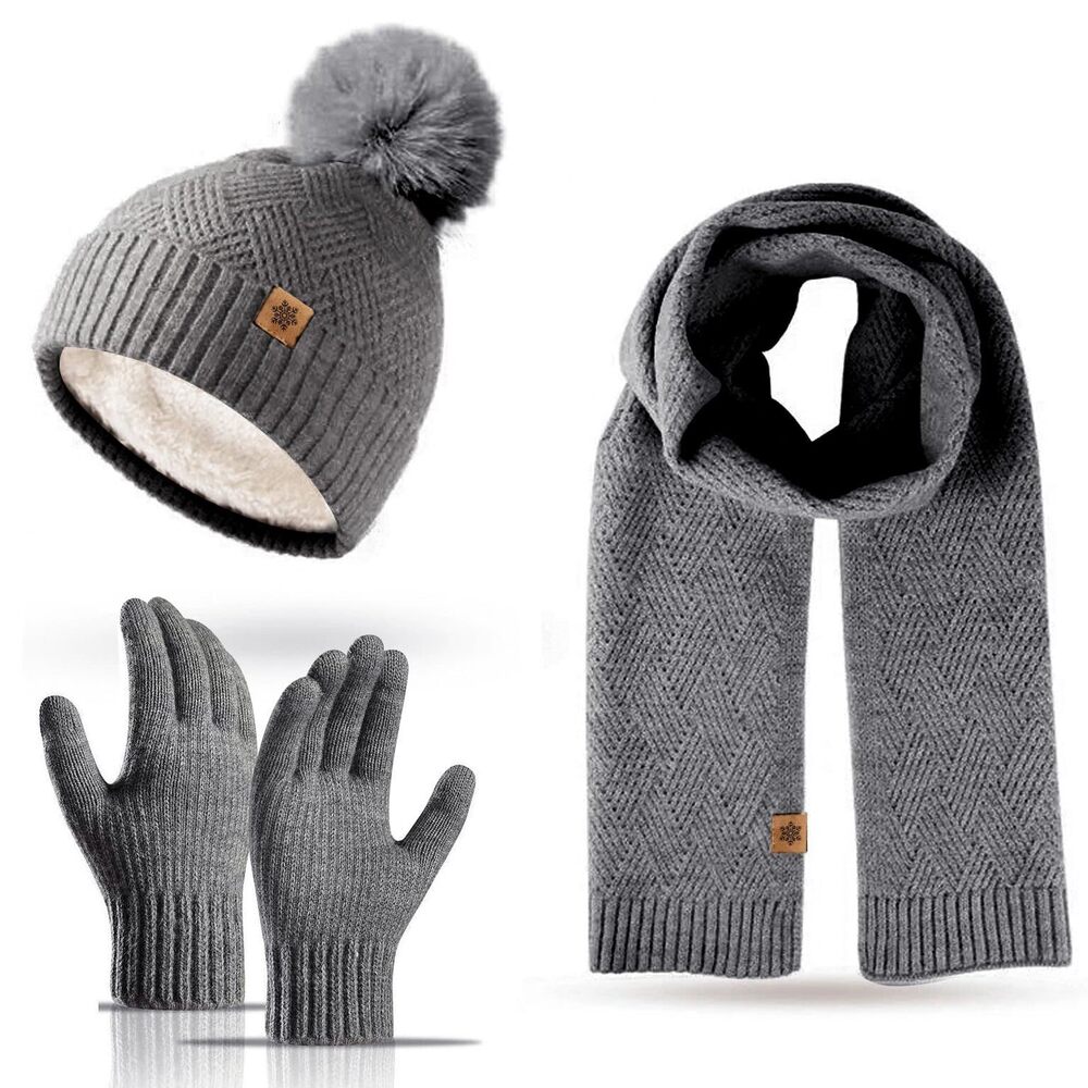 7138 Winter Beanie Hat Scarf Gloves - 3 Peices Gray Warm Fleece Lined Knit